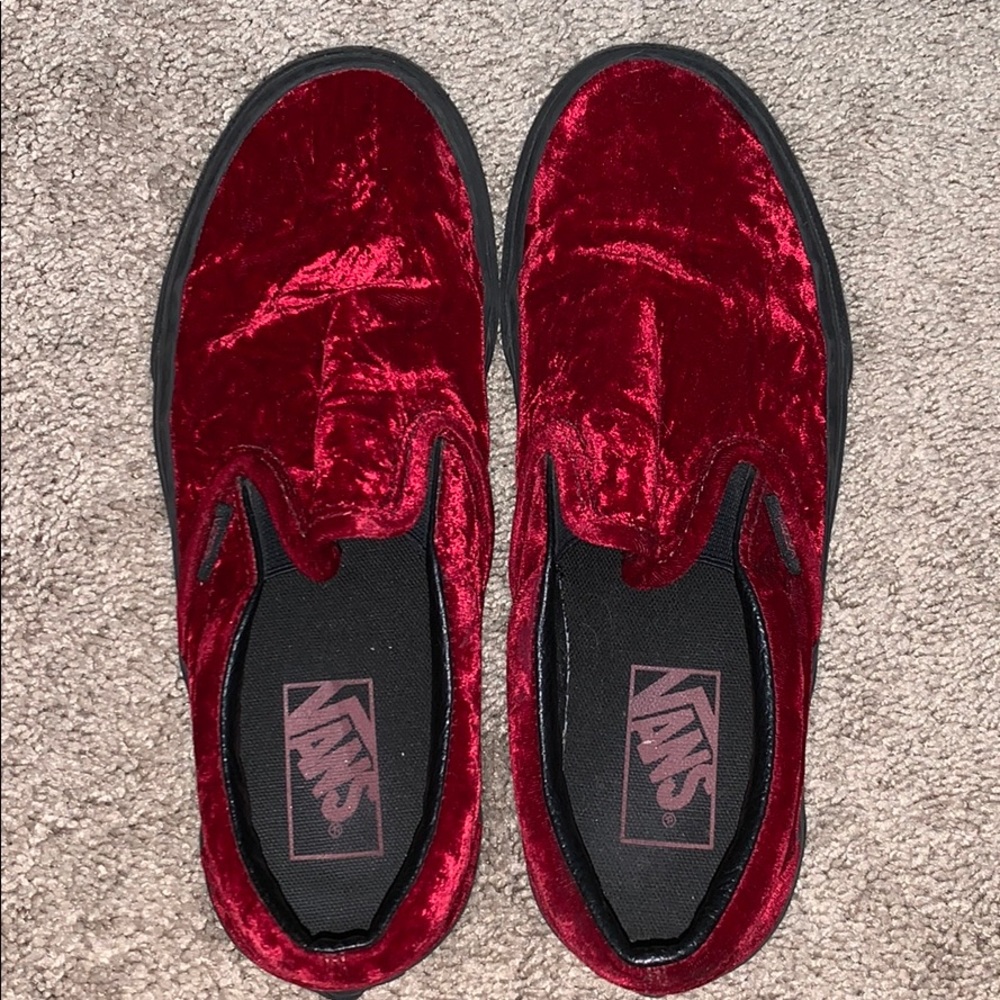 Red velvet slip-on vans